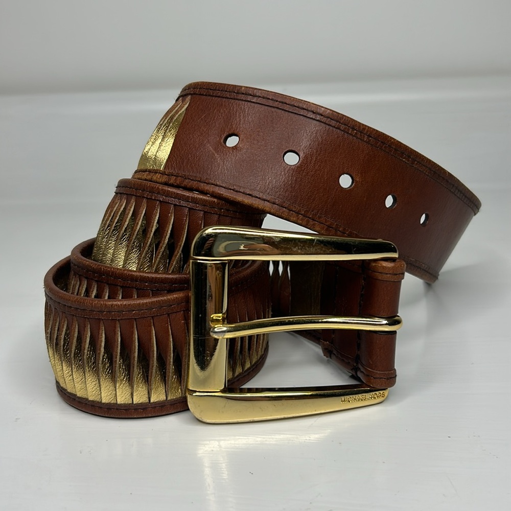 Michael Kors 💛 Brown & Gold Spiral Leather Belt Accessory XL